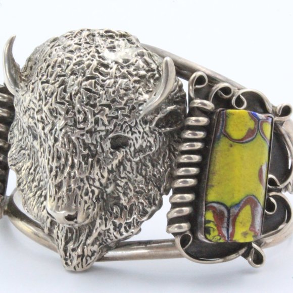 Rare! Gary Edwards Navajo Sterling Silver Trade Beads Buffalo Head Cuff Bracelet - Picture 6 of 11